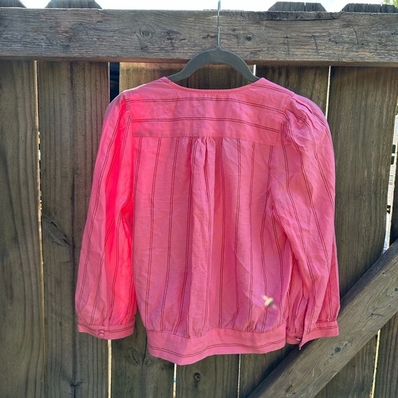 Madewell Contemporary Cecilia Striped Pink Bubble Sleeve Wrap Top Blouse - Picture 11 of 12